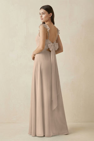 Ruffled Sleeve A - Line Chiffon Bridesmaid Dress in Almond - KISS BRIDAL Bridesmaid Dresses