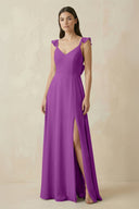 Ruffled Sleeve A - Line Chiffon Bridesmaid Dress in Amethyst - KISS BRIDAL Bridesmaid Dresses