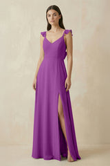 Ruffled Sleeve A - Line Chiffon Bridesmaid Dress in Amethyst - KISS BRIDAL Bridesmaid Dresses