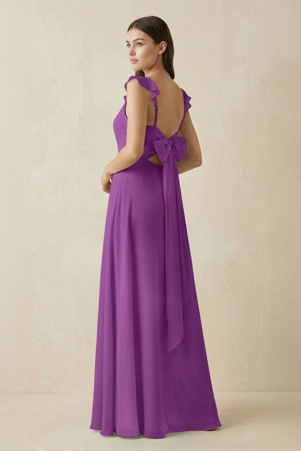Ruffled Sleeve A - Line Chiffon Bridesmaid Dress in Amethyst - KISS BRIDAL Bridesmaid Dresses