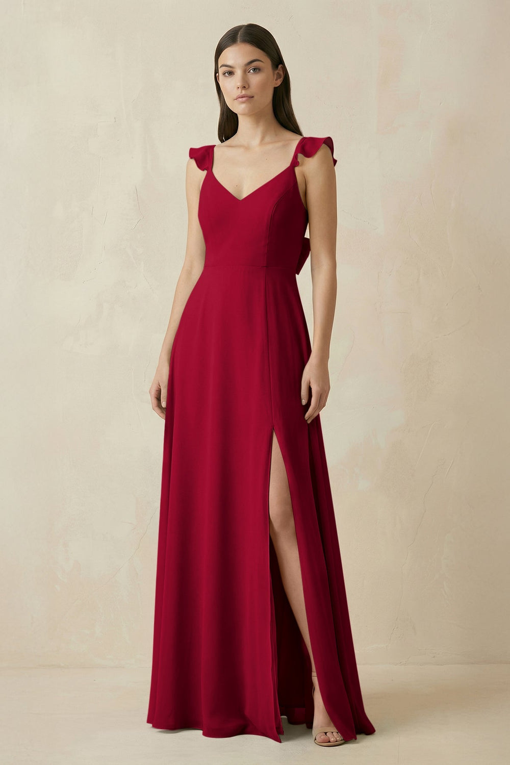 Ruffled Sleeve A - Line Chiffon Bridesmaid Dress in Berry - KISS BRIDAL Bridesmaid Dresses
