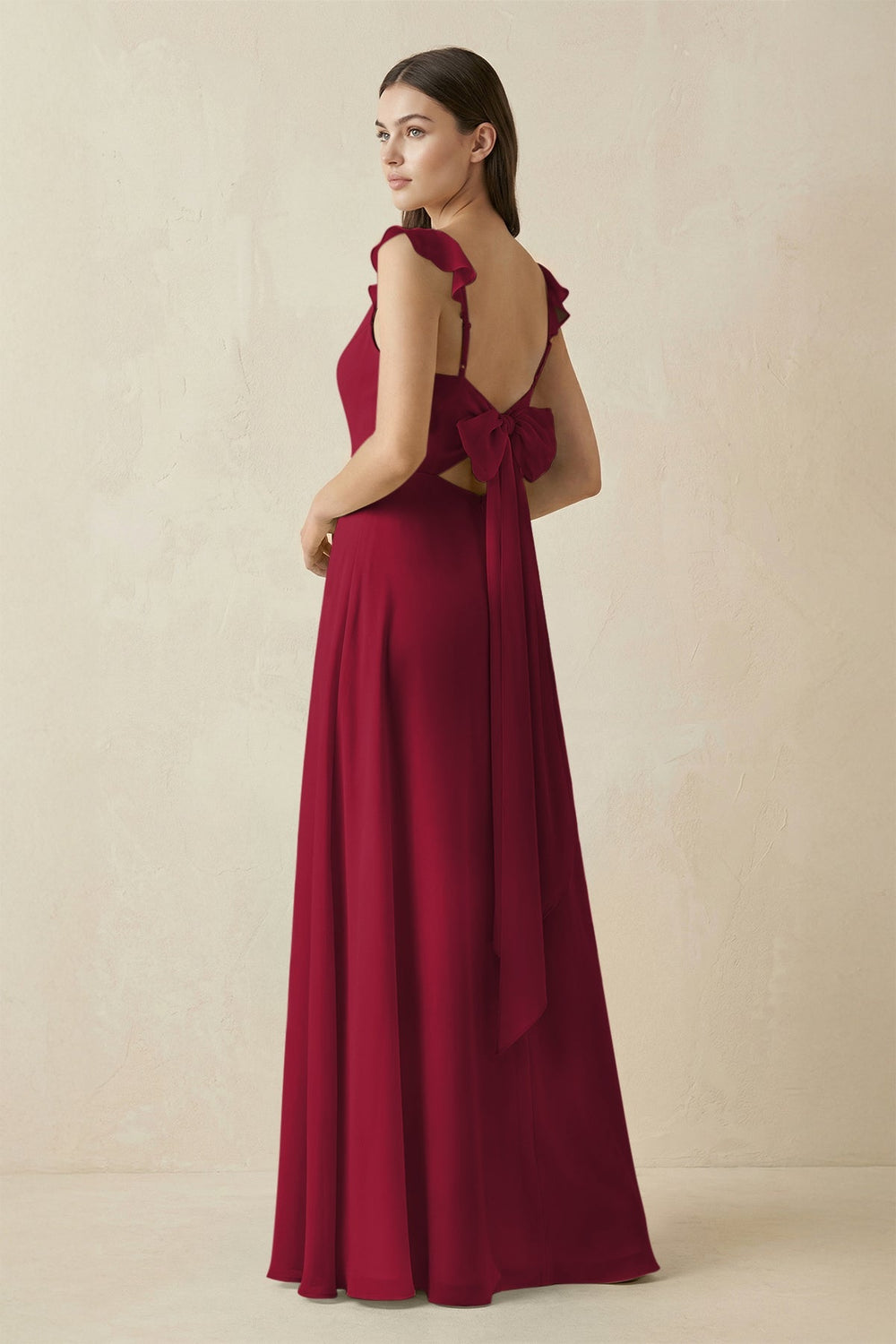 Ruffled Sleeve A - Line Chiffon Bridesmaid Dress in Berry - KISS BRIDAL Bridesmaid Dresses