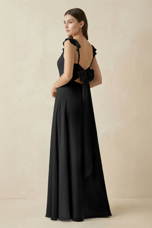 Ruffled Sleeve A - Line Chiffon Bridesmaid Dress in Black - KISS BRIDAL Bridesmaid Dresses