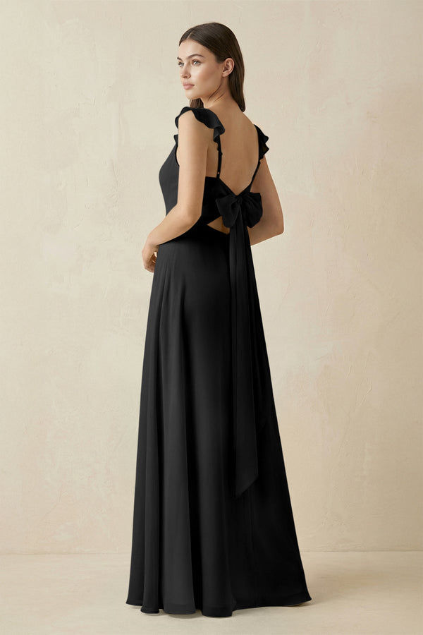 Ruffled Sleeve A - Line Chiffon Bridesmaid Dress in Black - KISS BRIDAL Bridesmaid Dresses