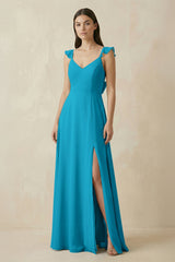 Ruffled Sleeve A - Line Chiffon Bridesmaid Dress in Blue Jay - KISS BRIDAL Bridesmaid Dresses