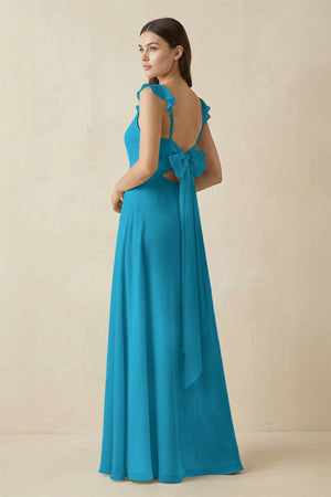 Ruffled Sleeve A - Line Chiffon Bridesmaid Dress in Blue Jay - KISS BRIDAL Bridesmaid Dresses