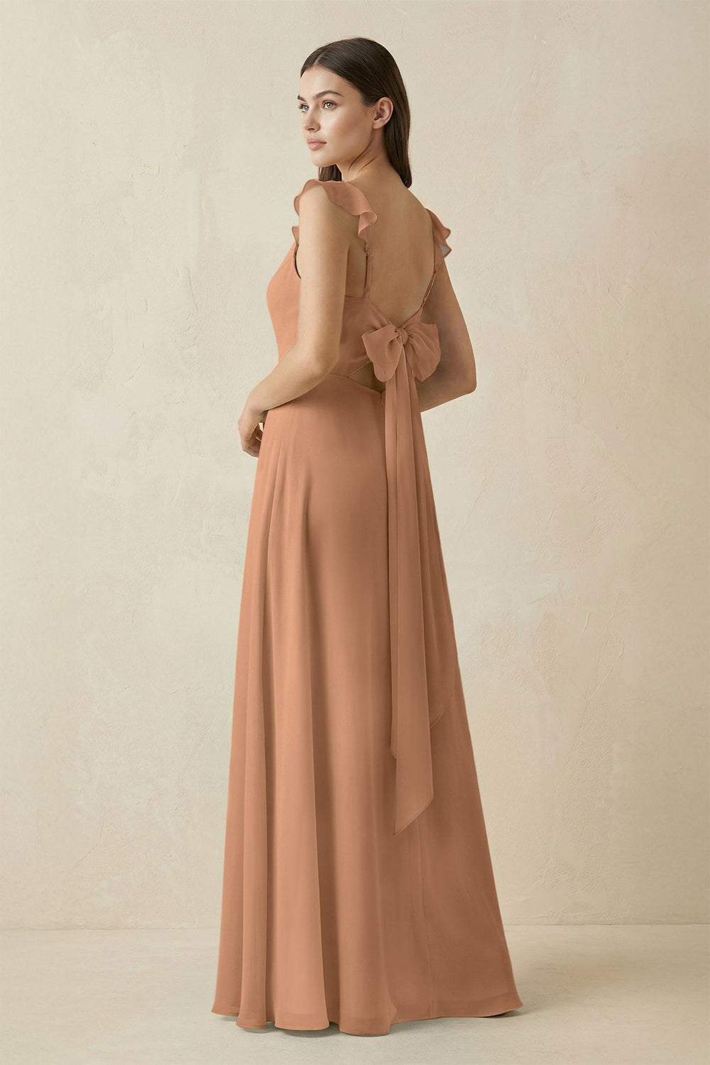 Ruffled Sleeve A - Line Chiffon Bridesmaid Dress in Bronzer - KISS BRIDAL Bridesmaid Dresses