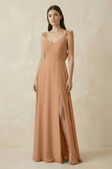 Ruffled Sleeve A - Line Chiffon Bridesmaid Dress in Bronzer - KISS BRIDAL Bridesmaid Dresses