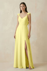 Ruffled Sleeve A - Line Chiffon Bridesmaid Dress in Buttercup - KISS BRIDAL Bridesmaid Dresses