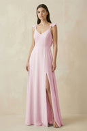 Ruffled Sleeve A - Line Chiffon Bridesmaid Dress in Candy Pink - SHE IS ME Bridesmaid Dresses