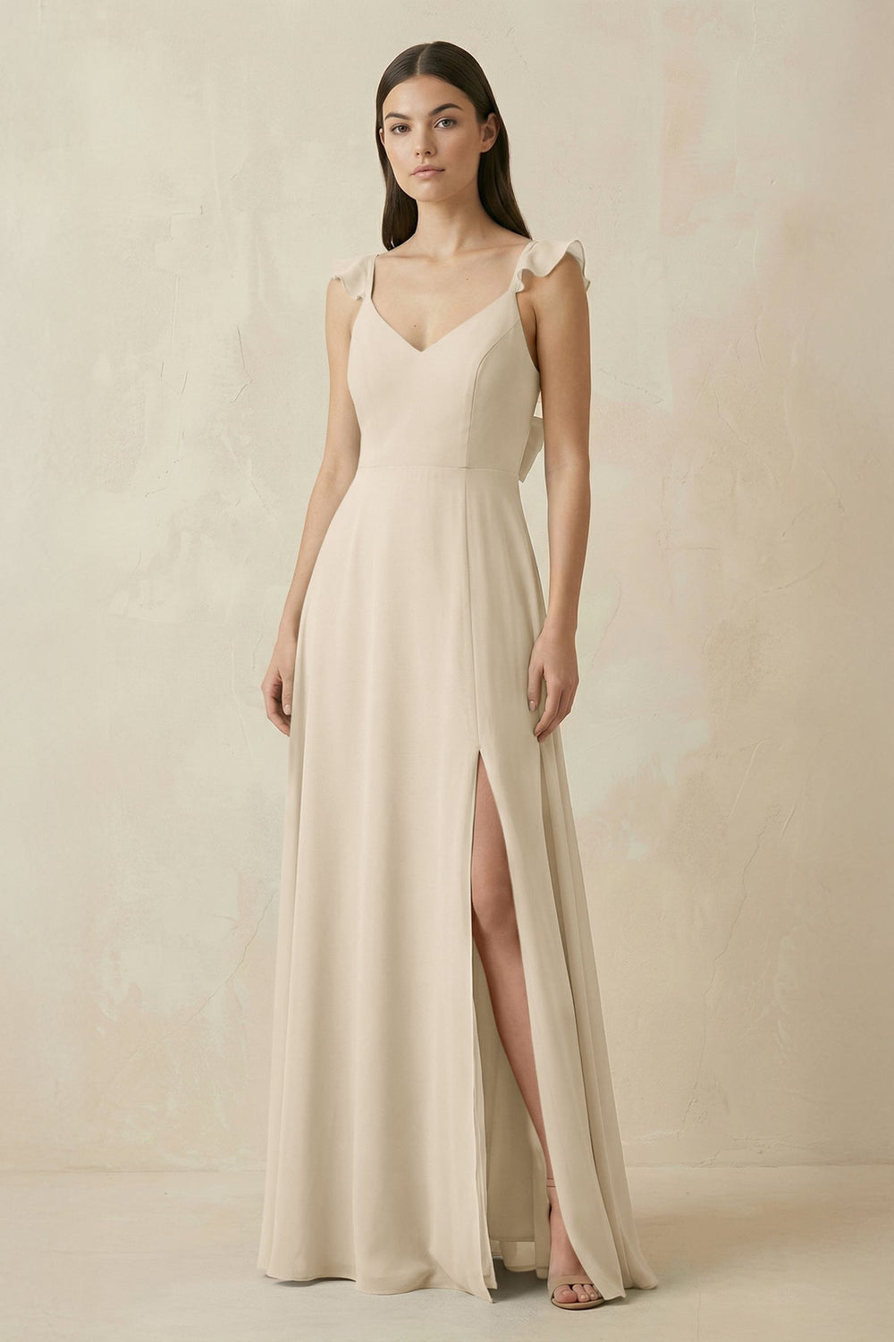 Ruffled Sleeve A - Line Chiffon Bridesmaid Dress in Champagne - KISS BRIDAL Bridesmaid Dresses