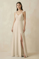 Ruffled Sleeve A - Line Chiffon Bridesmaid Dress in Champagne - KISS BRIDAL Bridesmaid Dresses