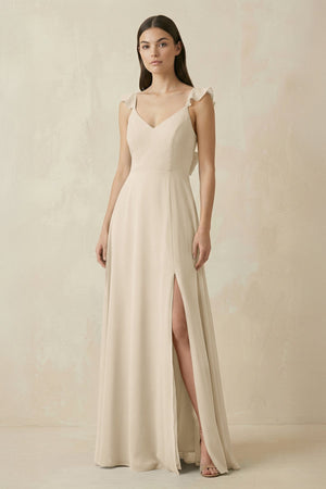 Ruffled Sleeve A - Line Chiffon Bridesmaid Dress in Champagne - KISS BRIDAL Bridesmaid Dresses