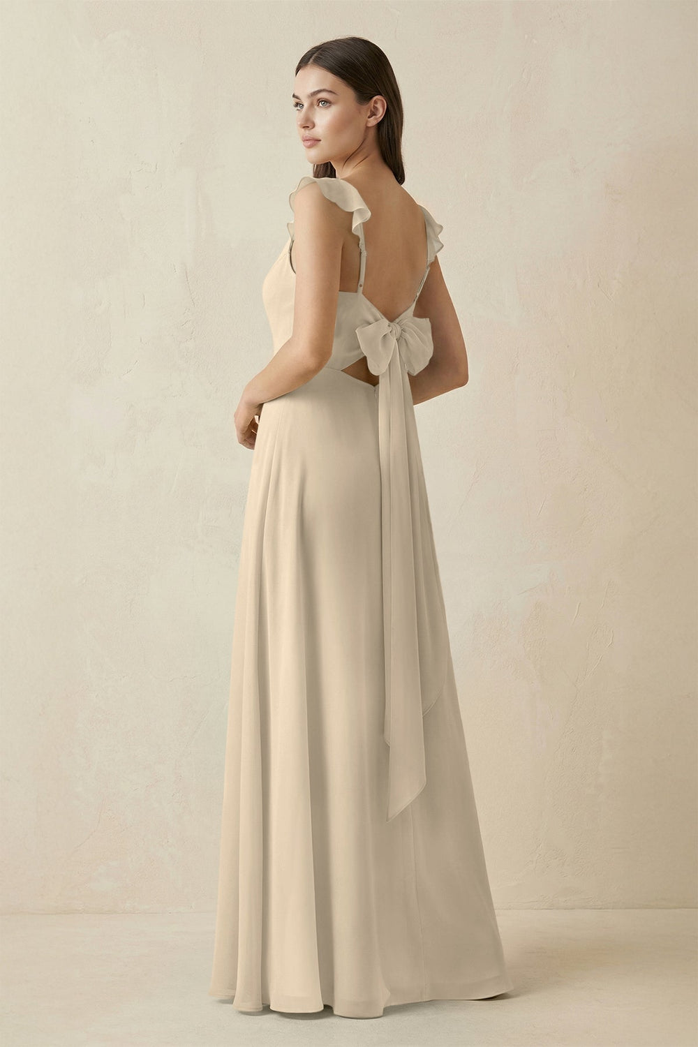 Ruffled Sleeve A - Line Chiffon Bridesmaid Dress in Champagne - KISS BRIDAL Bridesmaid Dresses