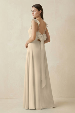 Ruffled Sleeve A - Line Chiffon Bridesmaid Dress in Champagne - KISS BRIDAL Bridesmaid Dresses