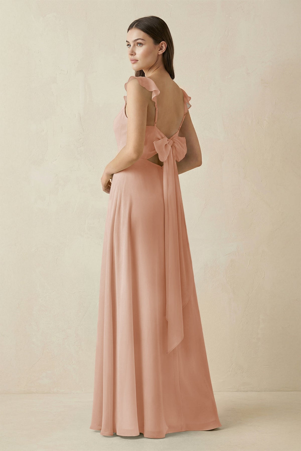 Ruffled Sleeve A - Line Chiffon Bridesmaid Dress in Champagne Rose - KISS BRIDAL Bridesmaid Dresses