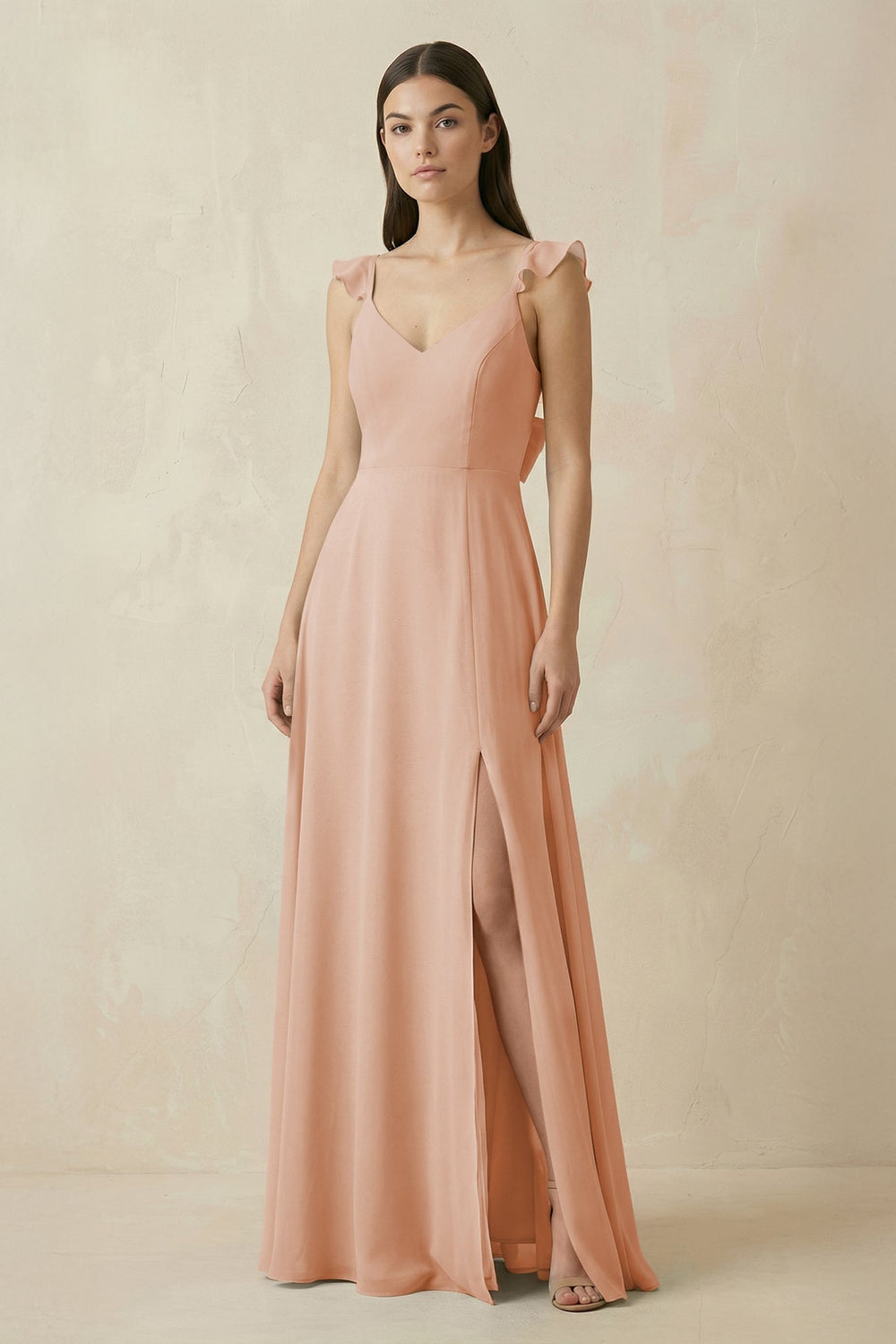 Ruffled Sleeve A - Line Chiffon Bridesmaid Dress in Champagne Rose - KISS BRIDAL Bridesmaid Dresses