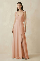 Ruffled Sleeve A - Line Chiffon Bridesmaid Dress in Champagne Rose - KISS BRIDAL Bridesmaid Dresses