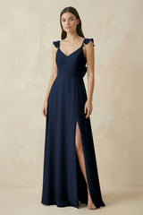 Ruffled Sleeve A - Line Chiffon Bridesmaid Dress in Dark Navy - KISS BRIDAL Bridesmaid Dresses