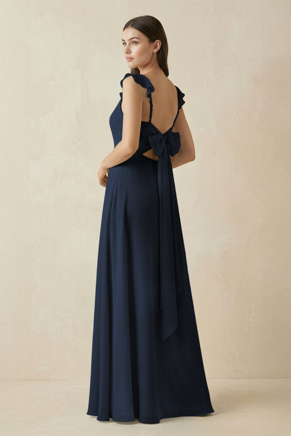Ruffled Sleeve A - Line Chiffon Bridesmaid Dress in Dark Navy - KISS BRIDAL Bridesmaid Dresses