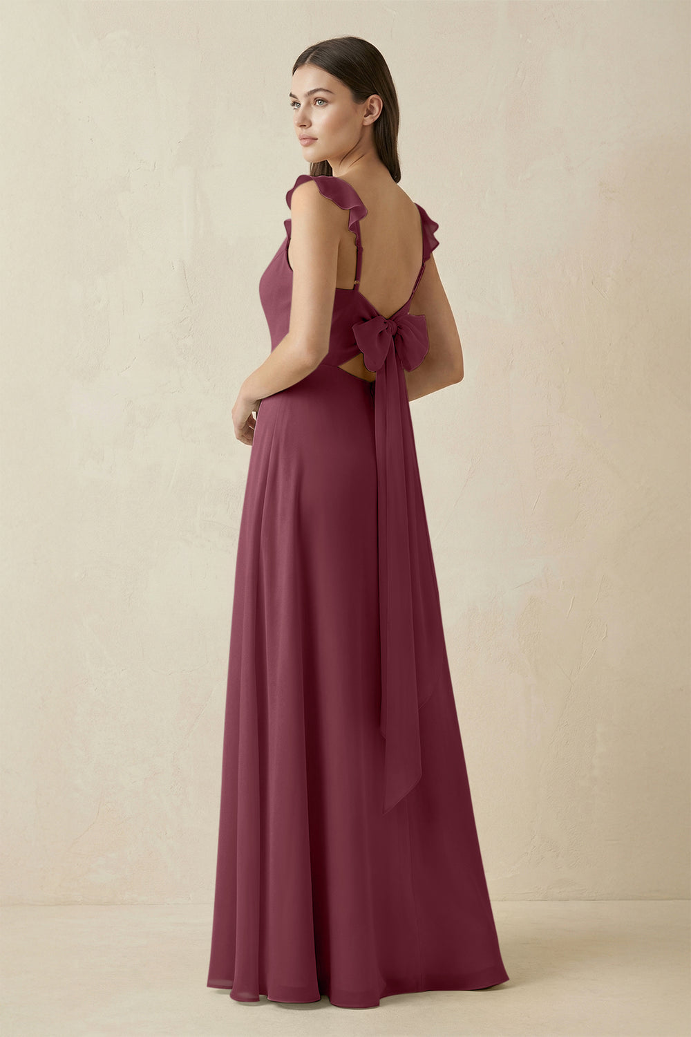 Ruffled Sleeve A-Line Chiffon Bridesmaid Dress in Desert Rose