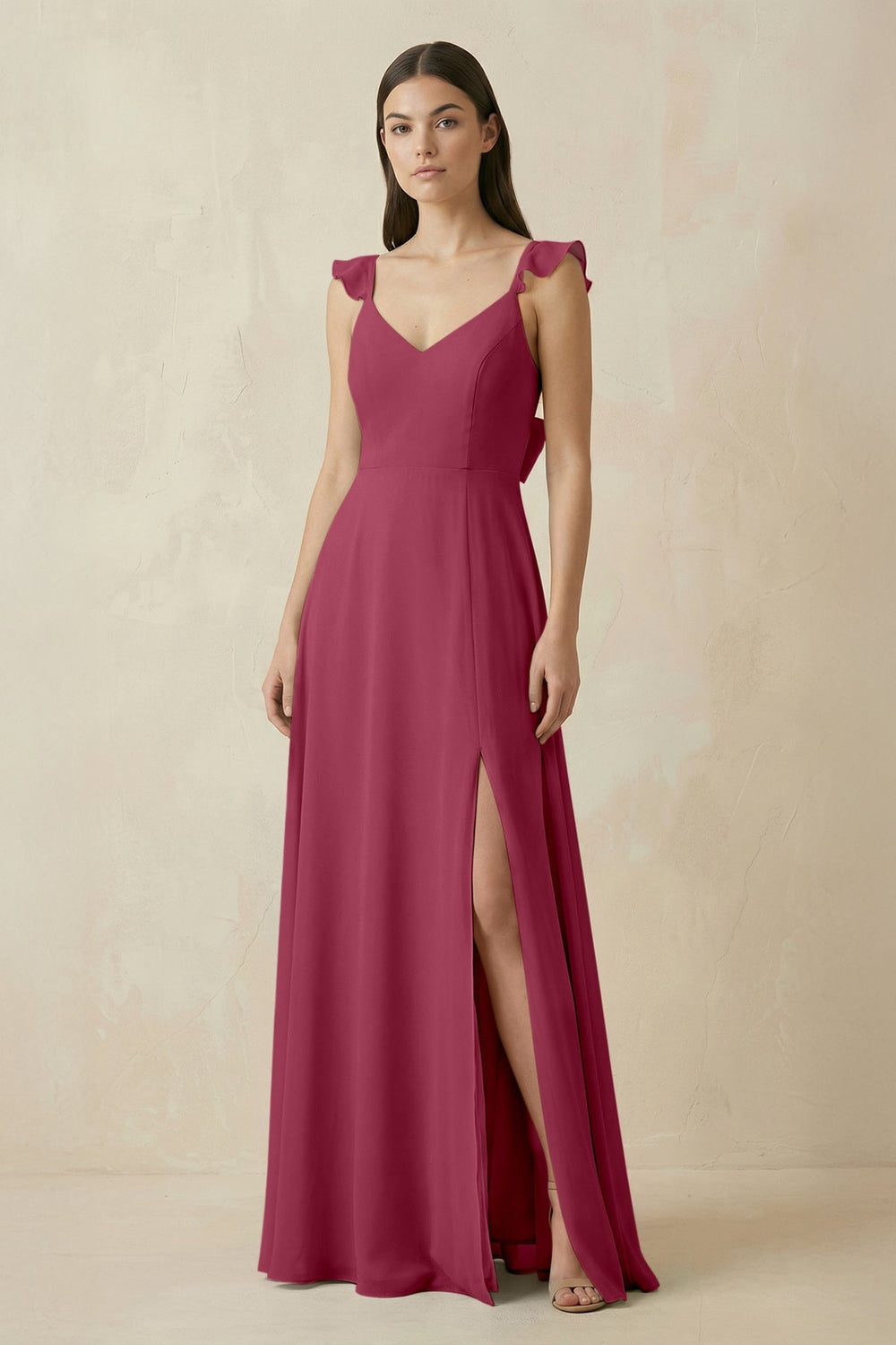 Ruffled Sleeve A - Line Chiffon Bridesmaid Dress in Desert Rose - KISS BRIDAL Bridesmaid Dresses