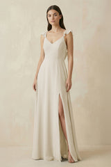 Ruffled Sleeve A - Line Chiffon Bridesmaid Dress in Dove Gray - KISS BRIDAL Bridesmaid Dresses