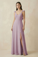 Ruffled Sleeve A - Line Chiffon Bridesmaid Dress in Dusk - SHE IS ME Bridesmaid Dresses