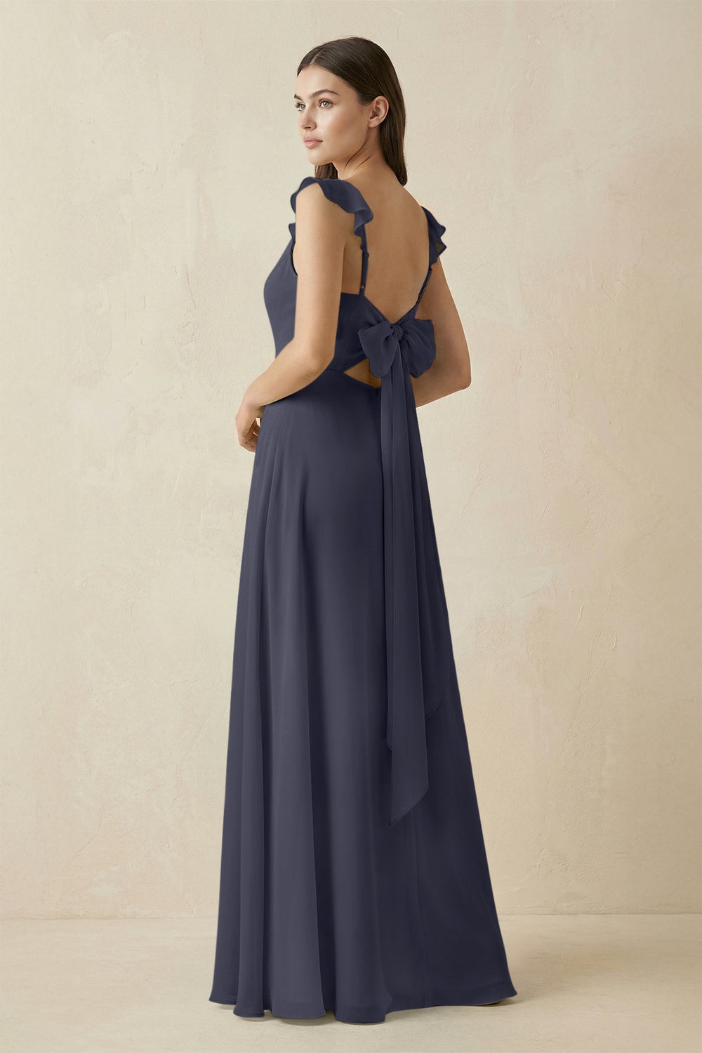 Ruffled Sleeve A - Line Chiffon Bridesmaid Dress in Dusk Blue - KISS BRIDAL Bridesmaid Dresses