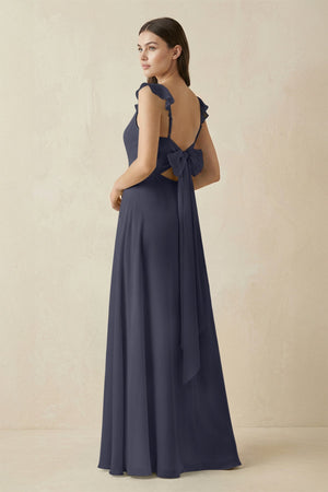 Ruffled Sleeve A - Line Chiffon Bridesmaid Dress in Dusk Blue - KISS BRIDAL Bridesmaid Dresses