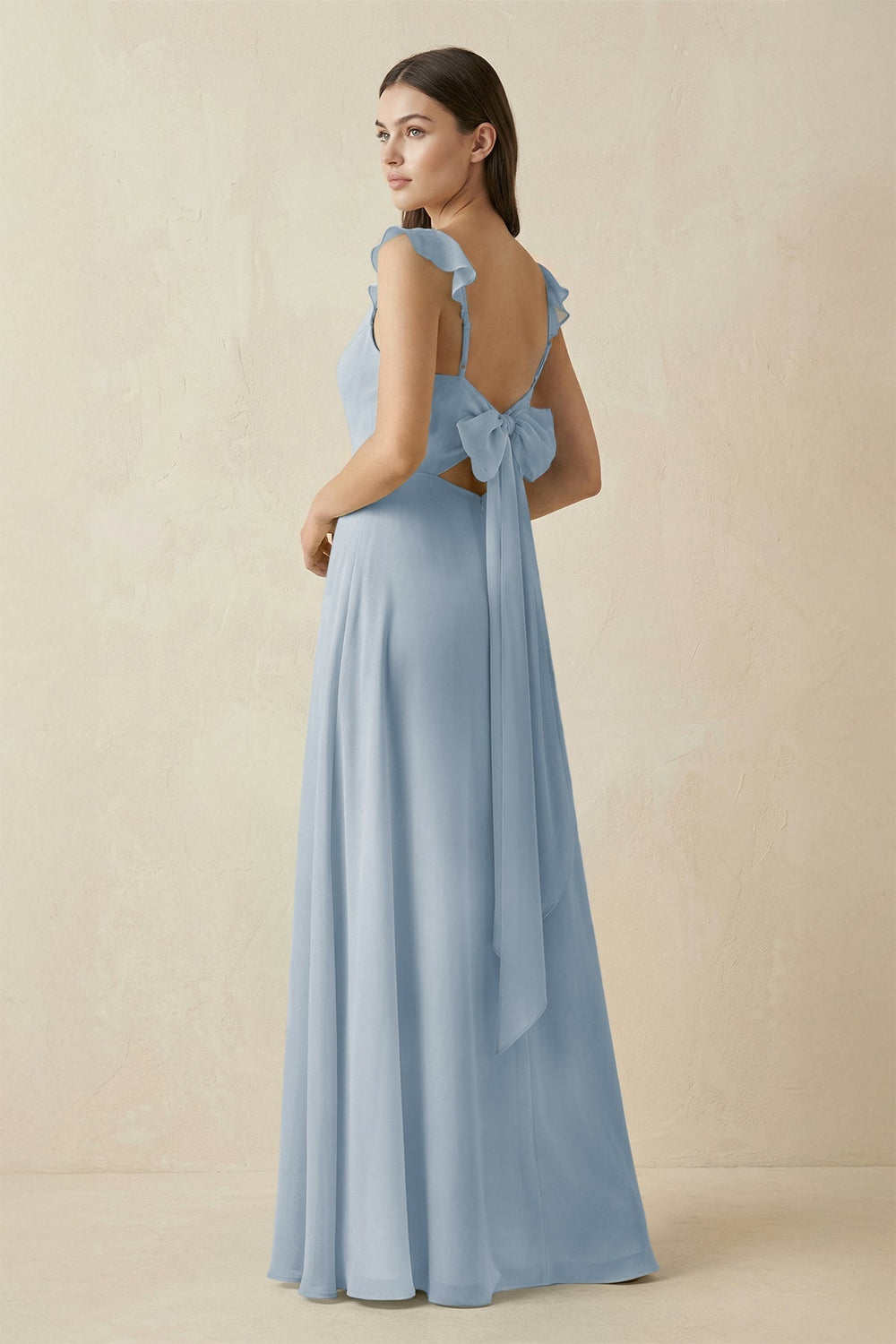 Ruffled Sleeve A - Line Chiffon Bridesmaid Dress in Dusty Blue - KISS BRIDAL Bridesmaid Dresses