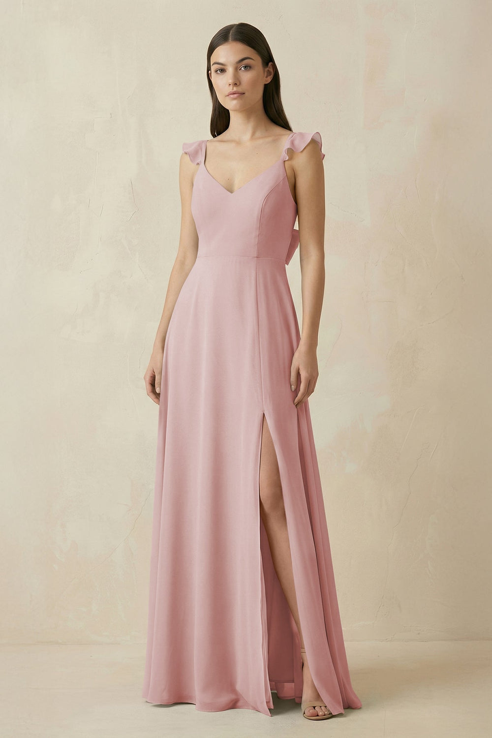 Ruffled Sleeve A - Line Chiffon Bridesmaid Dress in Dusty Rose - KISS BRIDAL Bridesmaid Dresses