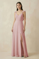 Ruffled Sleeve A - Line Chiffon Bridesmaid Dress in Dusty Rose - KISS BRIDAL Bridesmaid Dresses