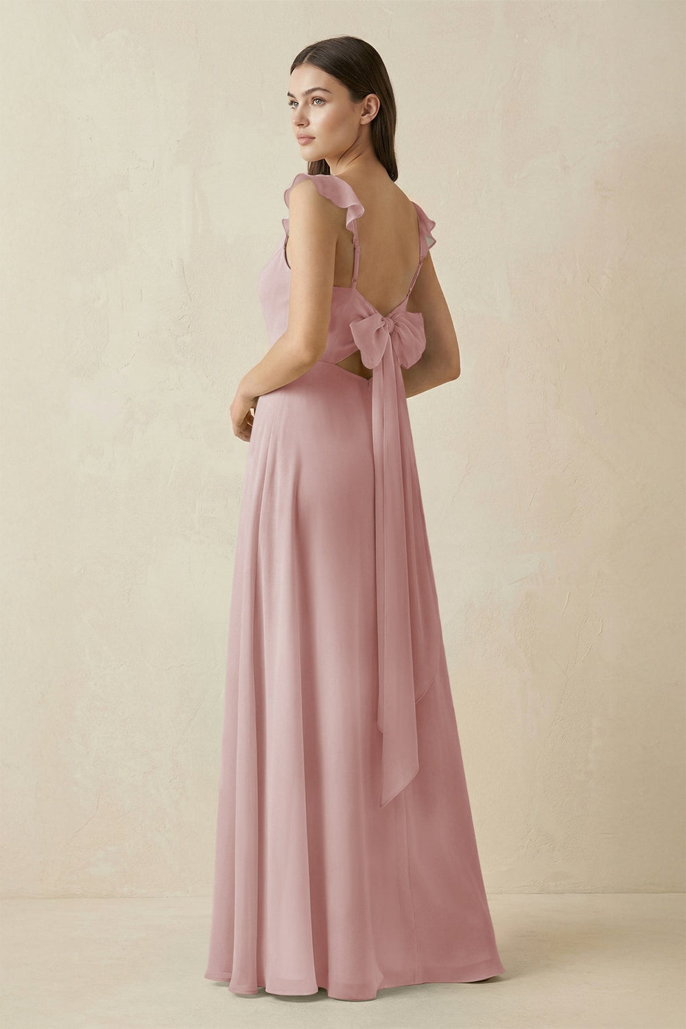 Ruffled Sleeve A - Line Chiffon Bridesmaid Dress in Dusty Rose - KISS BRIDAL Bridesmaid Dresses