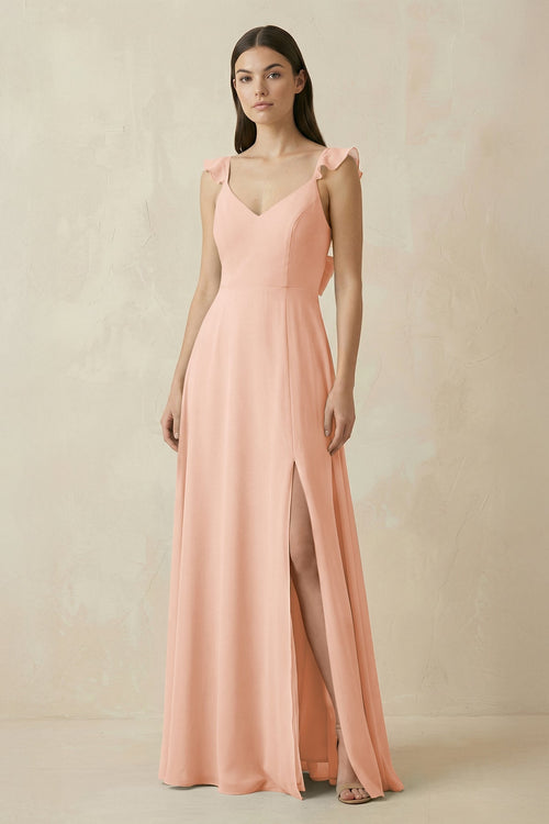 Ruffled Sleeve A - Line Chiffon Bridesmaid Dress in English Rose - KISS BRIDAL Bridesmaid Dresses