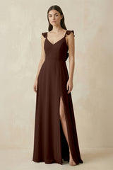 Ruffled Sleeve A - Line Chiffon Bridesmaid Dress in Espresso - KISS BRIDAL Bridesmaid Dresses