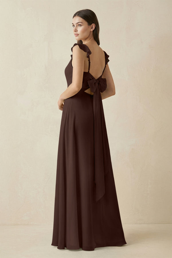 Ruffled Sleeve A - Line Chiffon Bridesmaid Dress in Espresso - SHE IS ME Bridesmaid Dresses