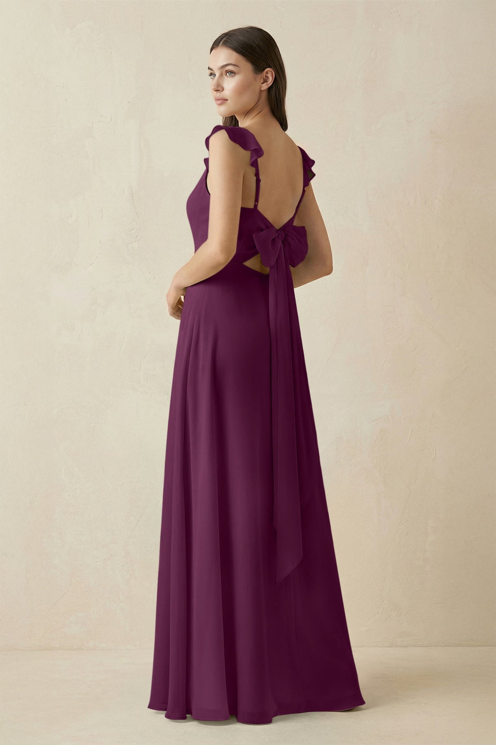 Ruffled Sleeve A - Line Chiffon Bridesmaid Dress in Fig - KISS BRIDAL Bridesmaid Dresses