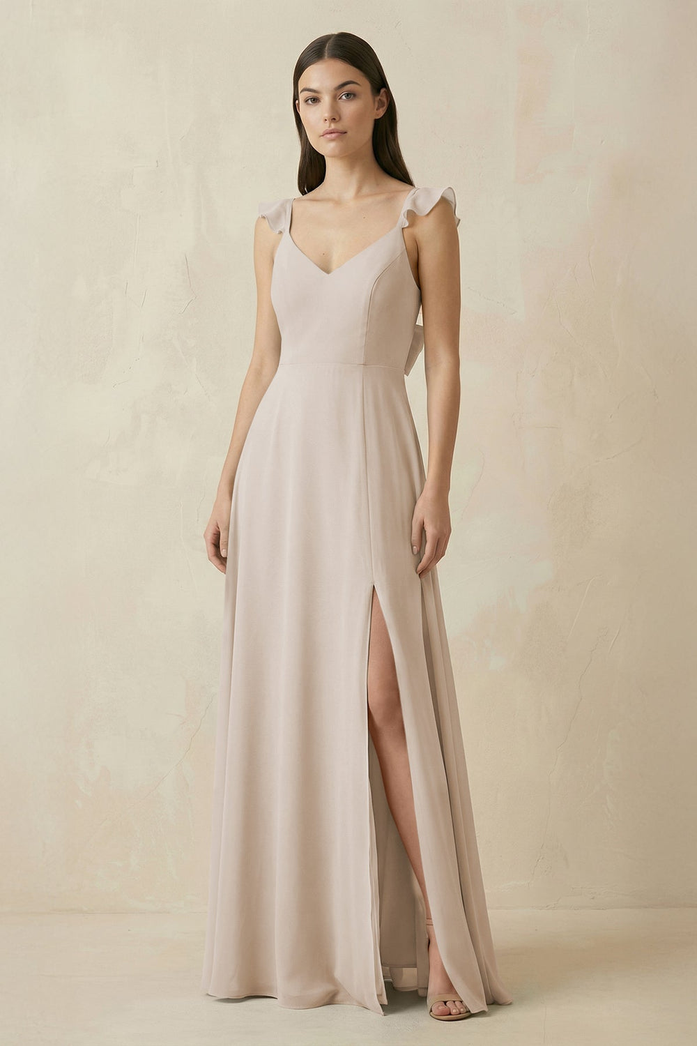 Ruffled Sleeve A - Line Chiffon Bridesmaid Dress in Frost - KISS BRIDAL Bridesmaid Dresses