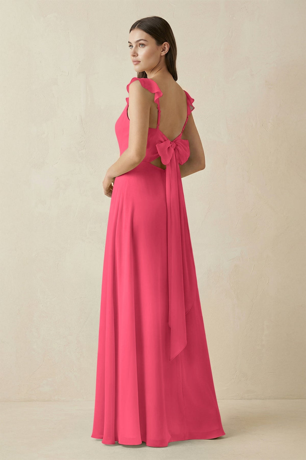 Ruffled Sleeve A - Line Chiffon Bridesmaid Dress in Fuchsia - KISS BRIDAL Bridesmaid Dresses