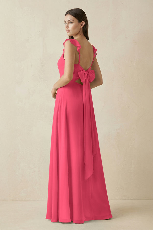 Ruffled Sleeve A - Line Chiffon Bridesmaid Dress in Fuchsia - KISS BRIDAL Bridesmaid Dresses