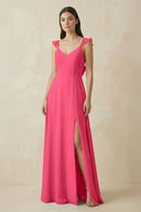 Ruffled Sleeve A - Line Chiffon Bridesmaid Dress in Fuchsia - KISS BRIDAL Bridesmaid Dresses
