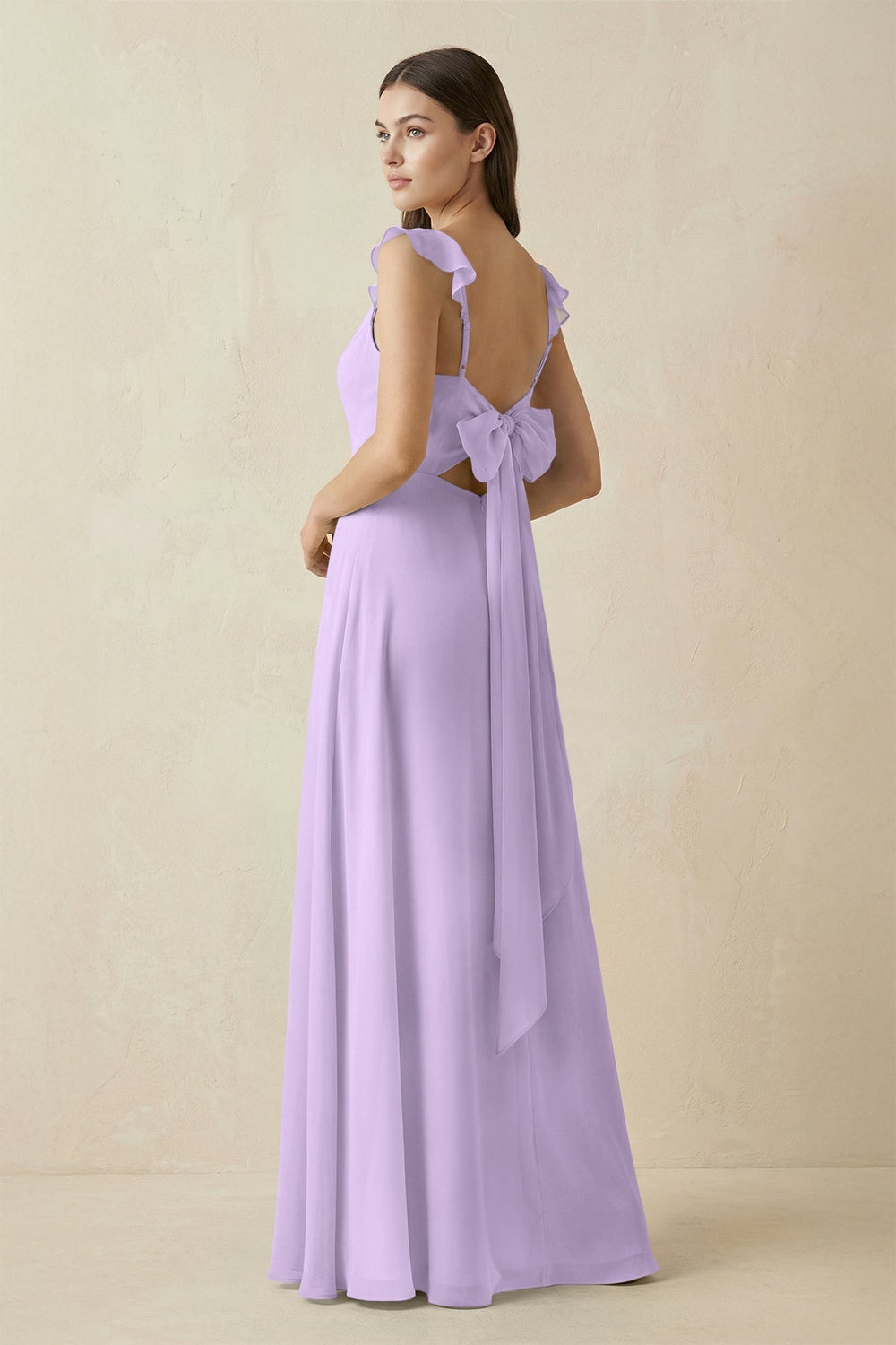 Ruffled Sleeve A - Line Chiffon Bridesmaid Dress in Lavender - KISS BRIDAL Bridesmaid Dresses