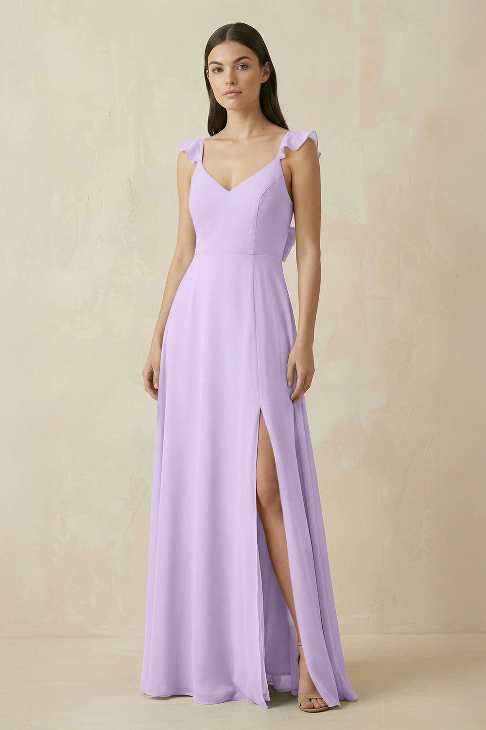 Ruffled Sleeve A - Line Chiffon Bridesmaid Dress in Lavender - KISS BRIDAL Bridesmaid Dresses