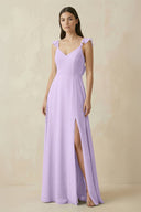 Ruffled Sleeve A - Line Chiffon Bridesmaid Dress in Lavender - KISS BRIDAL Bridesmaid Dresses