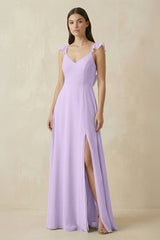 Ruffled Sleeve A - Line Chiffon Bridesmaid Dress in Lavender - KISS BRIDAL Bridesmaid Dresses
