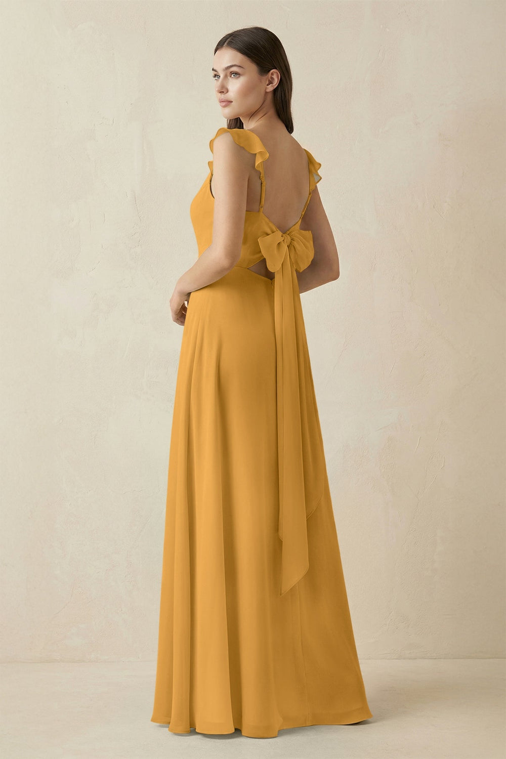 Ruffled Sleeve A - Line Chiffon Bridesmaid Dress in Marigold - KISS BRIDAL Bridesmaid Dresses