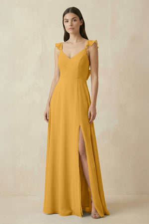 Ruffled Sleeve A - Line Chiffon Bridesmaid Dress in Marigold - KISS BRIDAL Bridesmaid Dresses