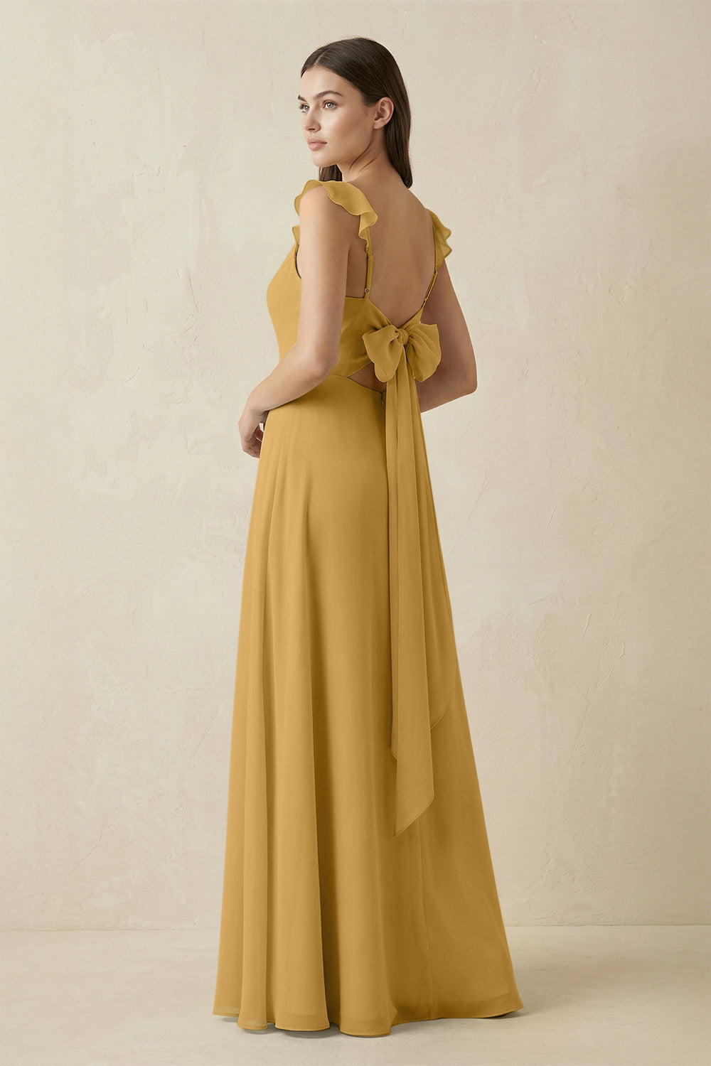 Ruffled Sleeve A-Line Chiffon Bridesmaid Dress in Marigold