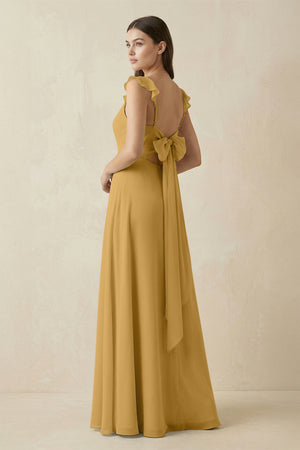 Ruffled Sleeve A - Line Chiffon Bridesmaid Dress in Marigold - KISS BRIDAL Bridesmaid Dresses